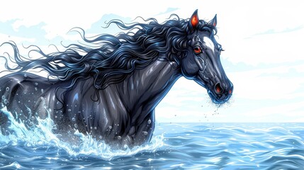   A painting of a black horse in the midst of a water body, surrounded by a white backdrop sky
