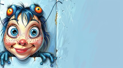   A cartoon character with blue hair and orange eyes peeks from a hole in the wall in this close-up image