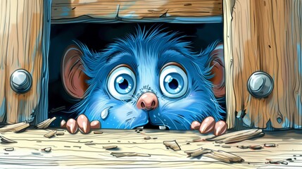   A tight shot of a small, blue animal emerging from a hole in a wooden construction, featuring stacked wood planks