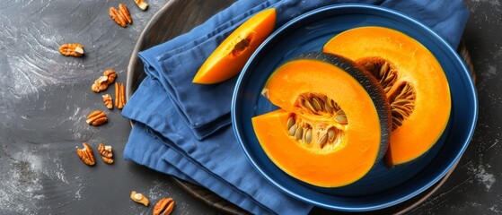   A blue plate holds a halved pumpkin, while another blue plate is topped with pecans - obrazy, fototapety, plakaty
