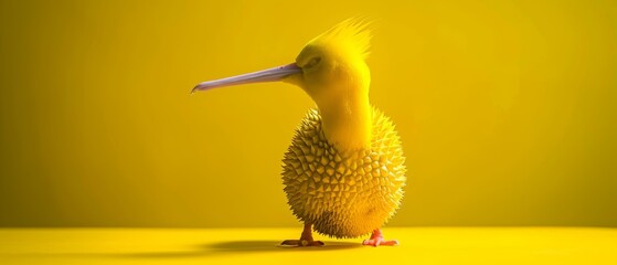   A yellow bird, perched on a sunlit, yellow surface, boasts a long beak against a radiant, yellow backdrop - obrazy, fototapety, plakaty