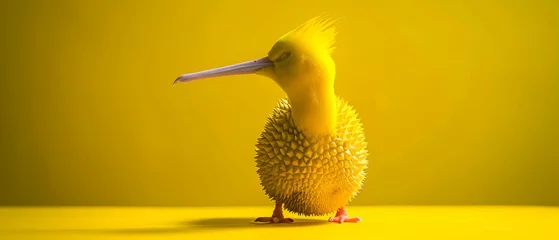 Foto op Canvas   A yellow bird, perched on a sunlit, yellow surface, boasts a long beak against a radiant, yellow backdrop © Jevjenijs