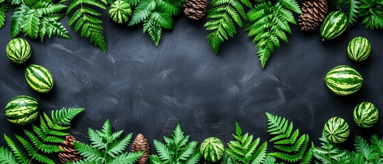  A blackboard displaying several watermelons and pine cones, surrounded by fern leaves and more pine cones