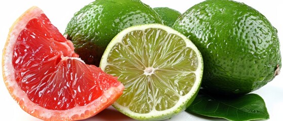   Limes, grapefruits, and halved grapefruits on a white background with leaves