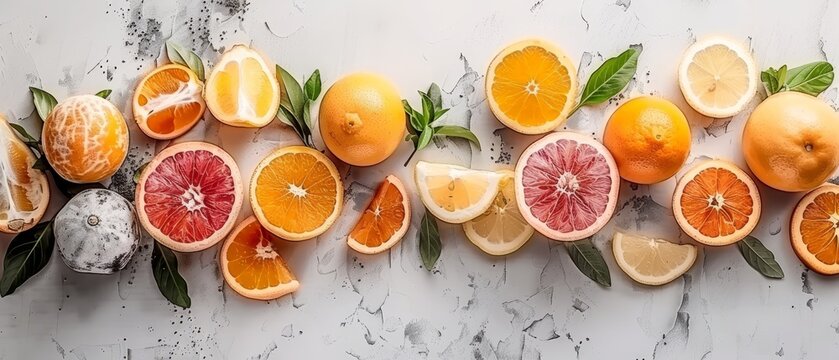   A collection of oranges and grapefruits, halved, and garnished with leaves on a pristine white marble countertop