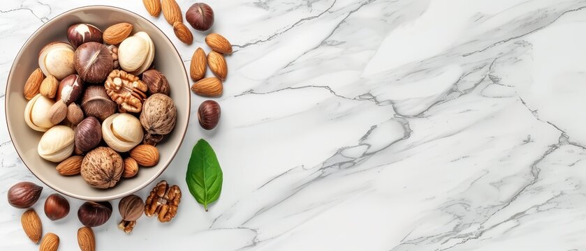   A bowl filled with nuts atop a white marble counter, a single green leaf nearby