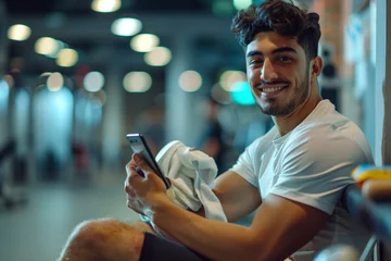 Tischdecke Smiling Young Man With Smartphone at Gym During Evening Workout © Dzmitry
