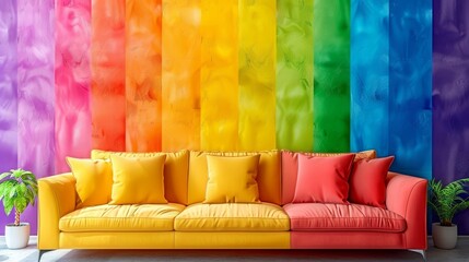   A couch faces a rainbow-hued wall, accompanied by two potted plants in front