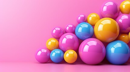   A pile of colorful balls sits atop a pink and blue surface against a pink background