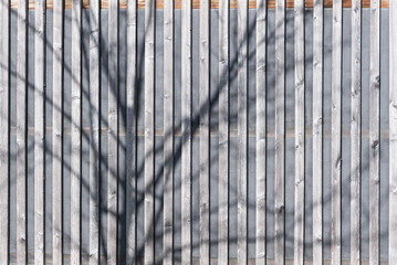 grey wooden wall with vertical boards and fabric in between and shadows of a tree 