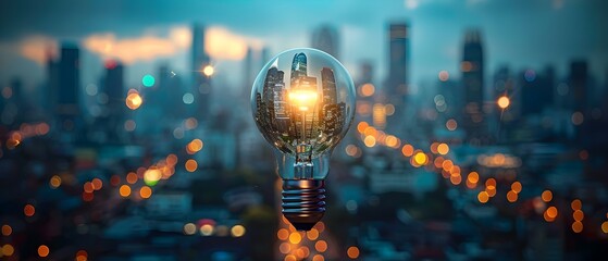 Sustainable Future: City in a Bulb. Concept Sustainable design, Urban planning, Green technology, Innovation, Renewable energy - obrazy, fototapety, plakaty