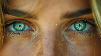   A tight shot of a woman's face, her blue eyes gazing directly, freckles dotting her visage