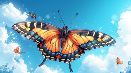   A butterfly flies among a swarm of others against a backdrop of a blue sky dotted with white clouds