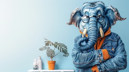  An elephant in a denim jacket stands before a table, adorned with a potted plant atop it