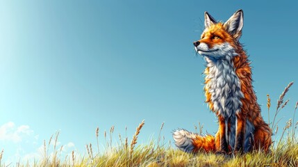   A red fox sits atop a green field, surrounded by grass, beneath a expansive blue sky