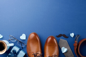 Elegant father's day gift theme. Top view of shoes, tie, and coffee on deep blue background