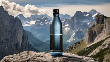 Cool water-cooled bottle set against a majestic backdrop of mountains, background