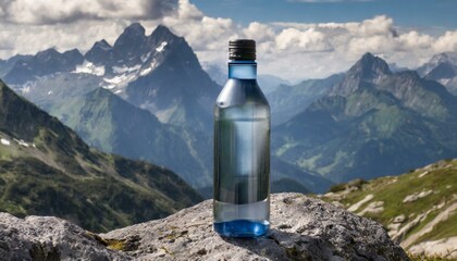 Cool water-cooled bottle set against a majestic backdrop of mountains, background - obrazy, fototapety, plakaty