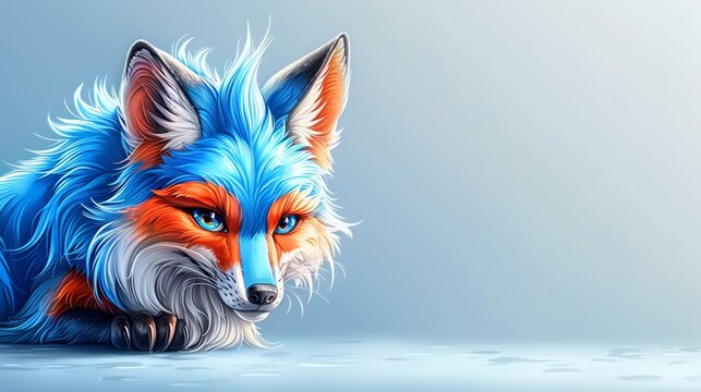   A painting depicts a red fox with blue eyes seated atop the water surface
