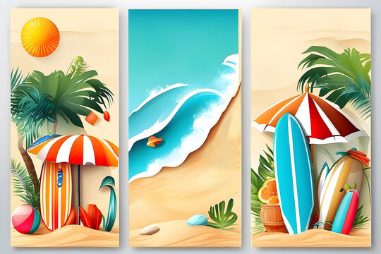 Summertime vector banner design. It's summertime text in a beach background with tropical season elements like an umbrella, surfboard and beachball for fun and enjoy an outdoor vacation