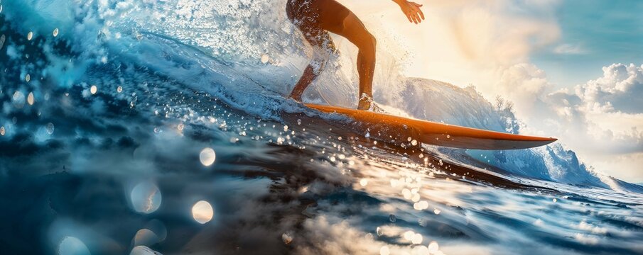 Surfing Adventure: Men Riding Waves with Sunlit Splashes. Surfer foot stepping on the surfboard, capturing the motion and balance. Concept of sport, travel, extreme, people, vacation, beach.
