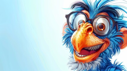   A tight shot of a blue bird donning spectacles and flaunting a broad grin - obrazy, fototapety, plakaty