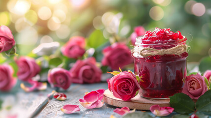 Homemade dry rose preserves or jam in a mason jar surrounded by fresh organic rose - obrazy, fototapety, plakaty