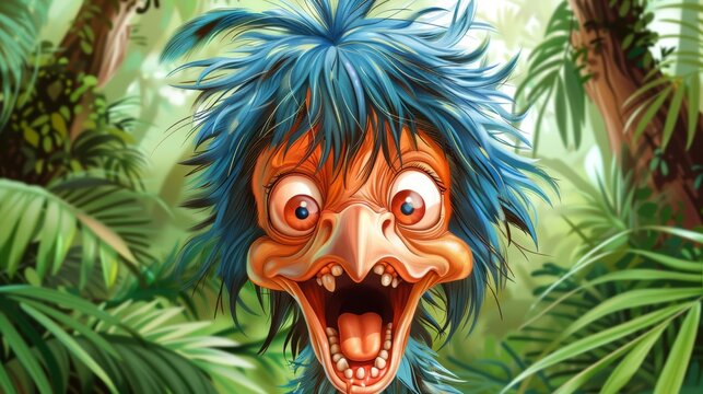   A tight shot of an individual with an unusual expression and blue hair amidst a dense jungle, teeming with countless palm trees