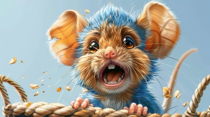   A painting of a rat with its mouth and eyes widely open on a taut rope