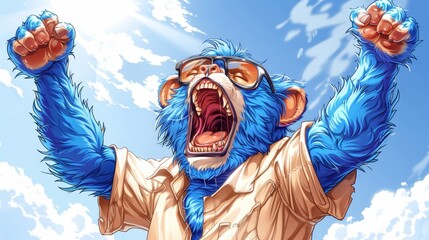   A cartoon of a blue monkey with arms raised and open mouth, hands above head