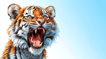  A close-up of a tiger's face with its mouth agape - obrazy, fototapety, plakaty