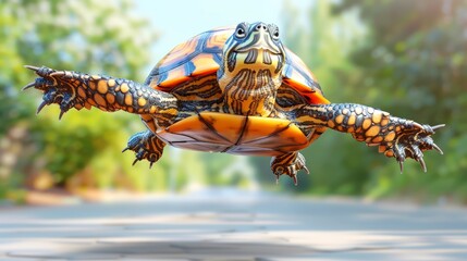  A tight shot of a flying turtle, with its head extending above its body's upper portion - obrazy, fototapety, plakaty