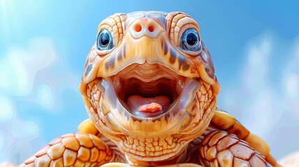   A tight shot of a turtle with its beak gaping and teeth exposed against a backdrop of azure sky