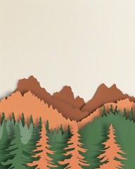 Fototapeta premium Colorful paper art forest and mountains. A creative panoramic paper art of a forest with bright colored trees against white mountains and a backdrop. Great for christmas postcard design inspiration