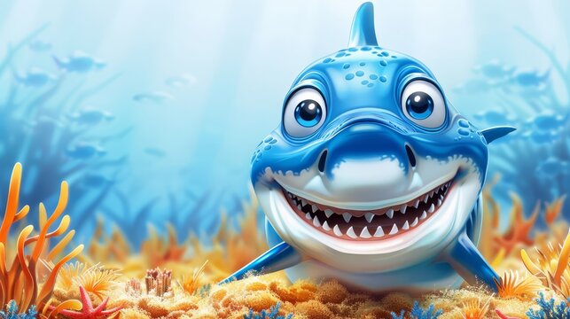   A tight shot of a grinning cartoon shark amidst vibrant corals underwater