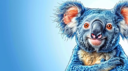   A Koala in tight focus against a blue backdrop, its face subtly blurred