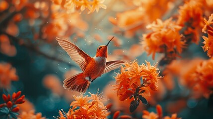   Bird flying in the sky with flowers in foreground and blue background