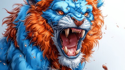   A tight shot of a blue-orange tiger with an open maw, displaying widely bared teeth - obrazy, fototapety, plakaty