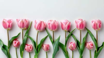   A row of pink tulips sits atop a white surface, their green leaves adjacent