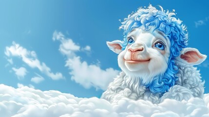   A painting of a sheep with a blue sheen, seated amidst a cloud-filled sky, against a backdrop of a blue expanse