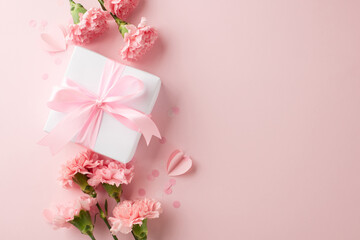 Mother's day surprise: elegant gift and pink carnations on a pastel pink background