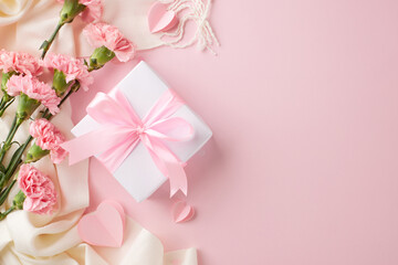 Mother's day elegance: white gift box with pink ribbon among carnations on a pastel background