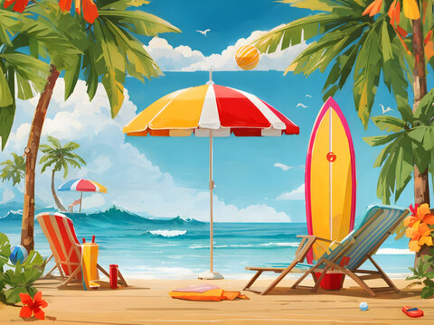 Summertime vector banner design. It's summertime text in a beach background with tropical season elements like an umbrella, surfboard and beachball for fun and enjoy an outdoor vacation