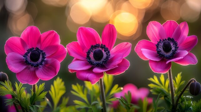   Three pink flowers in a garden with a blurred background of soft, light boke