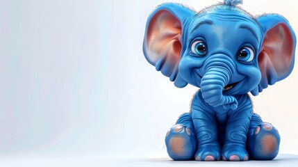   A blue baby elephant sits atop a white floor Nearby, a white wall extends Behind the elephant, another white wall stands