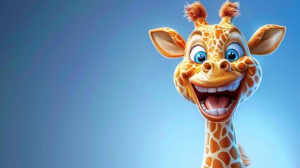   A giraffe with a broad grin, against a backdrop of azure sky