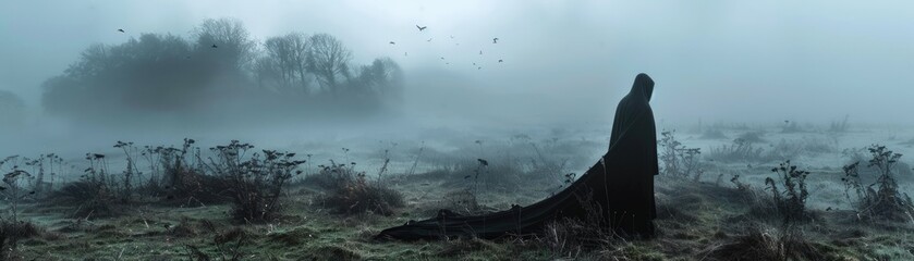Ethereal figure in a cloak amongst fog on a moor, resembling mythical entities - obrazy, fototapety, plakaty
