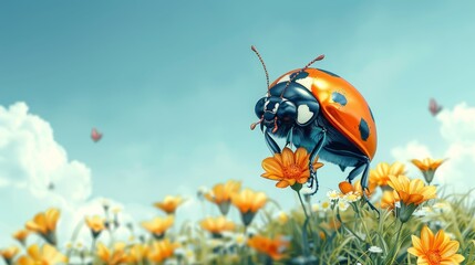   A ladybug atop a flower, amidst an orange and white bloom field