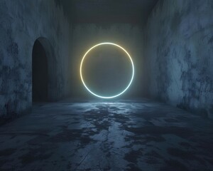 Conceptual architecture with a perfect circle of light in a minimalist concrete tunnel setting