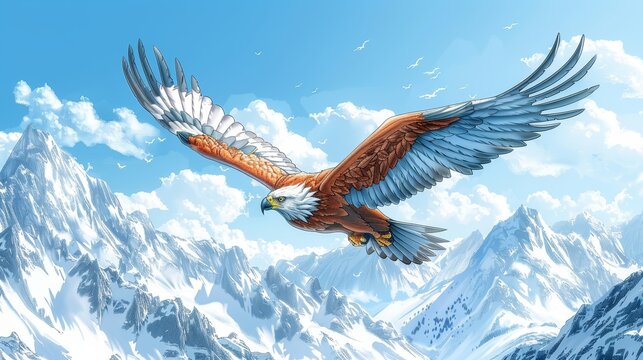   An eagle painting soaring above mountain ranges, backdrop of cloud-filled sky
